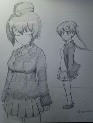 Rule 34 | 2girls, bellwall school uniform, closed eyes, girls und panzer, girls und panzer little army, graphite (medium), highres, kuromorimine military uniform, long hair, looking at another, monochrome, multiple girls, nakasuga emi, nishizumi maho, one-hour drawing challenge, school uniform, short hair, traditional media, twintails, twitter username
