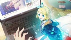 Rule 34 | 1girl, 1other, :d, aqua eyes, black jacket, blonde hair, blurry, blurry background, bow hairband, collared shirt, colorful palette, computer, fake video, fingernails, game cg, guitar, hair ornament, hairband, hairclip, highres, hologram, instrument, jacket, kagamine rin, laptop, leo/need rin, necktie, official art, open mouth, pink necktie, project sekai, shirt, smile, stick to your faith (project sekai), third-party source, tongue, vocaloid, white shirt, x hair ornament