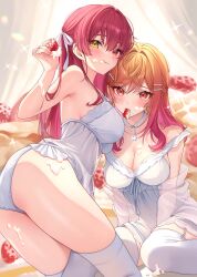Rule 34 | 2girls, ass, babydoll, blush, breasts, cleavage, cream, cream on face, cream on leg, dress, food, food in mouth, food on face, fruit, hair intakes, hair ribbon, heterochromia, highres, holika baby, hololive, hololive dev is, houshou marine, ichijou ririka, large breasts, long hair, looking at viewer, multiple girls, orange hair, panties, red eyes, red hair, ribbon, smile, strawberry, thighhighs, thighs, underwear, virtual youtuber, white babydoll, white dress, white panties, white ribbon, white thighhighs, yellow eyes