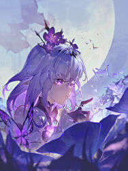 1girl absurdres bare_shoulders black_tiara bright_pupils bug butterfly castorice_(honkai:_star_rail) closed_mouth flower furioso gloves grey_hair hair_between_eyes highres honkai:_star_rail honkai_(series) insect long_hair moon multicolored_hair outdoors purple_butterfly purple_eyes purple_flower purple_gloves solo tiara white_pupils
