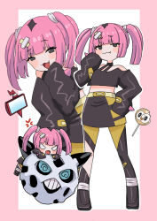:3 :d anger_vein belt blunt_bangs character_print closed_mouth commentary_request coral_(pokemon) fang gen_3_pokemon gen_7_pokemon glalie hair_ornament hand_up huwari8 long_sleeves mesugaki multiple_views nintendo off-shoulder_shirt off_shoulder open_mouth pink_hair pokemon pokemon_(anime) pokemon_(creature) pokemon_horizons riding riding_pokemon rowlet shirt skirt sleeves_past_fingers sleeves_past_wrists smile smug standing tongue twintails yellow_belt