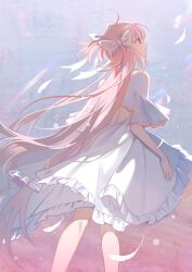 Rule 34 | 1girl, ahoge, back cutout, bare arms, bare back, bare legs, blue background, bow, closed mouth, clothing cutout, commentary request, dress, expressionless, feathers, feet out of frame, floating clothes, floating hair, frilled dress, frills, from behind, gradient background, hair bow, haitu, highres, kaname madoka, light blush, light particles, light rays, long hair, mahou shoujo madoka magica, mahou shoujo madoka magica (anime), medium dress, no eyewear, pink background, pink eyes, pink hair, pleated dress, pleated sleeves, pointy nose, short sleeves, solo, two side up, ultimate madoka, very long hair, white bow, white dress, wind