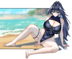1girl absurdres beach black_hair blue_eyes blue_one-piece_swimsuit breasts chain chain_headband cleavage cleavage_cutout closed_mouth clothing_cutout feet hair_intakes highres hololive hololive_english huge_breasts long_hair muhammaddeny ocean official_alternate_costume one-piece_swimsuit ouro_kronii ouro_kronii_(holonatsu_paradise) sand smile solo swimsuit thigh_strap virtual_youtuber water