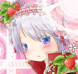 1boy animal_ears blue_eyes blush bow cat_boy cat_ears closed_mouth coat commentary_request expressionless food frilled_hairband frills fruit gold_trim hair_bow hairband leaf looking_at_viewer male_focus pink_background pink_hairband priest_(ragnarok_online) ragnarok_online red_bow red_coat short_hair solo strawberry yoru_nagatsuki