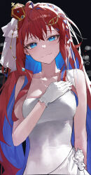 1girl absurdres blue_eyes blue_hair breasts cleavage closed_mouth crown dress gloves hand_on_own_chest highres jewelry long_hair looking_at_viewer mac_star medium_breasts multicolored_hair necklace original red_hair solo two-tone_hair wedding_dress white_gloves