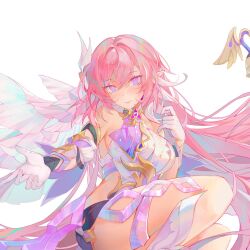 Rule 34 | 1girl, bare shoulders, bell, black shorts, breasts, commentary, corset, diamond-shaped pupils, diamond (shape), elf, elysia (herrscher of human: ego) (honkai impact), elysia (honkai impact), gloves, highres, honkai (series), honkai impact 3rd, kirabunni, large breasts, long hair, looking at viewer, pink hair, pointy ears, purple eyes, short shorts, shorts, simple background, solo, symbol-shaped pupils, thigh strap, thighs, triquetra, veil, very long hair, white background, white corset, white gloves, white veil