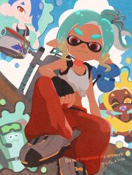 Rule 34 | 3girls, aqua hair, artist name, big man (splatoon), big man (splatoon raiders), blonde hair, blue hair, brown hair, closed mouth, colored tips, commentary request, earrings, fish hook earrings, frye (splatoon), frye (splatoon raiders), hair over one eye, highres, inkling, jewelry, long hair, looking at viewer, mechanic (splatoon raiders), medium hair, multicolored hair, multiple girls, nintendo, octoling, official alternate costume, one eye closed, open mouth, orange pants, pants, pointy ears, purple hair, red eyes, shiver (splatoon), shiver (splatoon raiders), shoes, short eyebrows, single earring, smile, splatoon (series), splatoon raiders, sub kiiro, tentacle hair, thick eyebrows, twitter username, two-tone hair, watermark