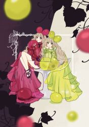 2girls blonde_hair blush bow dress food fruit full_body glass grapes green_bow hair_bow hair_ornament highres hime_cut leaf long_hair long_sleeves looking_at_viewer meecosme multiple_girls original smile wavy_hair