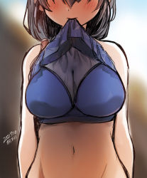 1girl bikini black_hair blue_bikini blurry blurry_background blush breasts cleavage clothes_in_mouth covered_erect_nipples dated hair_between_eyes head_out_of_frame jingei_(kancolle) jingei_(swimsuit)_(kancolle) kantai_collection kirisawa_juuzou large_breasts mouth_hold navel shirt_in_mouth signature simple_background solo swimsuit teeth upper_teeth_only