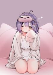 Rule 34 | 1girl, absurdres, ahoge, alternate costume, bow, cardigan, closed mouth, dot mouth, double-parted bangs, hair between eyes, hair bow, hair ornament, highres, kou hei (takasr kou), long sleeves, one eye closed, open cardigan, open clothes, purple hair, seiza, shinomiya runa, sitting, sleep mask, sleeves past fingers, sleeves past wrists, socks, solo, squeans, two side up, virtual youtuber, vspo!, white cardigan, white chemise, white socks, x hair ornament, yellow eyes