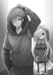 1boy 1girl 9-nine- alley amatsuji arm_up black_choker black_hair black_thighhighs choker collarbone cowboy_shot criss-cross_halter ghost_(9-nine-) greyscale hair_over_one_eye halterneck hand_in_pocket hands_in_pockets highres hood hood_up hoodie long_hair long_sleeves looking_ahead looking_at_another miniskirt monochrome niimi_kakeru non-web_source one_eye_covered open_mouth outdoors pants parted_lips pleated_skirt scar scar_on_face short_hair skirt spiked_hair straight_hair thighhighs v-shaped_eyebrows very_long_hair zettai_ryouiki zipper