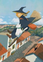 Rule 34 | 1girl, bag, black cat, black hat, black robe, blonde hair, boots, braid, broom, broom riding, brown boots, building, cat, closed eyes, day, gii (hacchipocchi), hat, highres, horizon, landscape, open mouth, original, road, robe, rooftop, scenery, sky, solo, street, town, twin braids, white cat, witch, witch hat