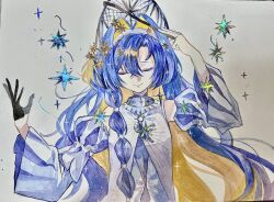 Rule 34 | 1girl, absurdres, arm up, bare shoulders, black gloves, blonde hair, blue hair, bow (music), closed eyes, closed mouth, colored inner hair, detached sleeves, dress, facing viewer, gloves, hair intakes, hair ornament, hands up, highres, holding, holding bow (music), juliet sleeves, kokoshnik, long hair, long sleeves, multicolored hair, official alternate costume, painting (medium), photo (medium), puffy sleeves, reverse:1999, single glove, sleeveless, sleeveless dress, smile, solo, sparkle, star (symbol), star hair ornament, traditional media, upper body, very long hair, voyager (choir of the stars) (reverse:1999), voyager (reverse:1999), watercolor (medium), white dress, yuzu (parasitic 910)
