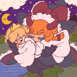 2girls absurdres black_eyes black_hat blonde_hair blush_stickers bow braid cloud commentary_request cookie_(touhou) crescent_moon crown flying full_body hat highres horns kirisame_marisa looking_at_another meguru_(cookie) moon moon_with_face muimui_(4242564muimui) multiple_girls no_mouth one_eye_closed purple_sky red_bow red_horns short_hair side_braid single_braid sky sleeves_past_fingers sleeves_past_wrists star_(sky) starry_sky touhou witch_hat yuuhi_(cookie)