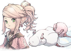 1girl creature earrings final_fantasy final_fantasy_xiv fugashi_117 green_eyes jacket jewelry lalafell looking_at_viewer lying nanamo_ul_namo on_back pink_hair pink_jacket pointy_ears ponytail sidelocks silkie_(ff14) simple_background smile upper_body white_background
