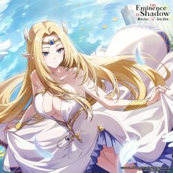1girl alpha_(kage_no_jitsuryokusha_ni_naritakute!) artist_request bare_shoulders blonde_hair blue_eyes breasts closed_mouth collarbone copyright_name copyright_notice dress falling_feathers feathers hair_ornament kage_no_jitsuryokusha_ni_naritakute! kage_no_jitsuryokusha_ni_naritakute!_master_of_garden large_breasts long_hair official_art petals petals_on_liquid pointy_ears skirt_hold solo water white_dress white_feathers wing_hair_ornament