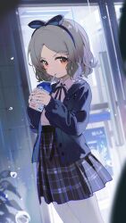 1girl absurdres blue_hairband blue_jacket character_request check_character closed_mouth commentary coria cowboy_shot drinking drinking_straw drinking_straw_in_mouth ebizuka_tomo girls_band_cry grey_hair hairband highres holding_carton jacket looking_at_viewer pantyhose red_eyes shirt short_hair solo white_pantyhose white_shirt