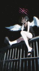 1girl absurdres bandaged_arm bandages bare_arms bare_shoulders black_hair black_sandals black_shorts black_tank_top blue_archive breasts cleavage closed_mouth feathered_wings from_below hair_between_eyes highres maria_(maria_rose) misaki_(blue_archive) night red_eyes sandals short_hair shorts smile tank_top toes wings