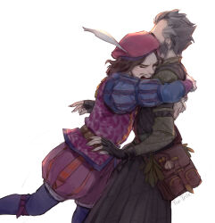 2boys black_gloves brown_hair closed_eyes emiel_regis fingerless_gloves gloves grey_hair hat hat_feather hug julian_alfred_pankratz multiple_boys open_mouth purple_hat short_hair simple_background teeth the_witcher_(series) tio-trile upper_teeth_only white_background