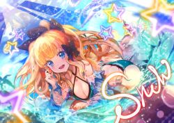 Rule 34 | 1girl, akao kito, aqua bikini, ass, bikini, black bow, blonde hair, blue eyes, blush, bow, breasts, butt crack, cleavage, elf, flower, hair bow, hair flower, hair ornament, highres, large breasts, long hair, looking at viewer, open mouth, pointy ears, ponytail, princess connect!, saren (princess connect!), saren (summer) (princess connect!), smile, solo, swimsuit, tagme