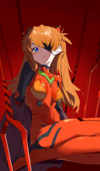 1girl absurdres blue_eyes bodysuit breasts eyepatch highres jacket kneeling lance_of_longinus_(evangelion) long_hair looking_at_viewer mecha_pilot_suit neon_genesis_evangelion orange_hair plugsuit_(evangelion) polearm sitting small_breasts souryuu_asuka_langley spear twintails wako_(1194433260) weapon