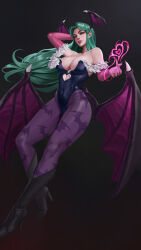 1girl absurdres animal_print bare_shoulders bat_print bat_wings black_boots black_leotard boots breasts bridal_gauntlets cleavage clothing_cutout covered_navel darkstalkers demon_girl elbow_gloves full_body fur-trimmed_leotard fur_trim gloves green_eyes green_hair hand_in_own_hair head_wings heart heart_cutout high_heel_boots high_heels highleg highleg_leotard highres jumo large_breasts leotard lips long_hair looking_to_the_side low_wings magic morrigan_aensland nose pantyhose pink_gloves print_pantyhose purple_pantyhose purple_wings solo wings
