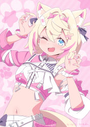Rule 34 | 1girl, ;d, absurdres, animal ear fluff, animal ears, bandaid, bandaid hair ornament, belt, black shirt, blonde hair, blue eyes, blush, breasts, center frills, claw pose, collared shirt, commentary request, cropped shirt, crossed bangs, detached sleeves, dog ears, dog girl, dog tail, double-parted bangs, fang, frills, hair between eyes, hair intakes, hair ornament, hairband, heart, heart background, highres, hinata hirune, hololive, hololive english, hololive idol uniform (color rise), horn hairband, idol clothes, long sleeves, looking at viewer, midriff, mococo abyssgard, multicolored hair, multicolored shirt, nail polish, navel, official alternate costume, one eye closed, open mouth, pants, pink background, pink hair, pink hairband, pink nails, pink shirt, puffy detached sleeves, puffy long sleeves, puffy sleeves, shirt, short hair, signature, single detached sleeve, single sleeve, skin fang, small breasts, smile, solo, streaked hair, tail, two side up, upper body, virtual youtuber, w arms, white belt, white pants, white shirt, x hair ornament