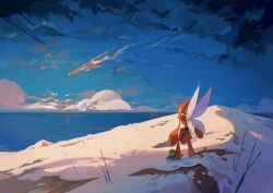 cloud fomantis gen_2_pokemon gen_7_pokemon highres horns nintendo no_humans outdoors pokemon pokemon_(creature) scizor sky snow standing two_pokemon water yellow_eyes