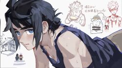 2boys blush burger doodle_inset eating food gundam gundam_gquuuuuux gundam_tekketsu_no_orphans hair_bun highres holding holding_burger holding_food looking_at_viewer male_focus mikazuki_augus multiple_boys orga_itsuka parody scene_reference short_hair simple_background single_hair_bun sleeveless sumooo_(ga_ilil) sweat tank_top upper_body white_background