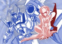 1girl absurdres bodysuit breasts full_body habara_nobuyoshi helmet highres leina_stol looking_at_viewer machine_robo machine_robo_chronos_no_dai_gyakushuu mecha monochrome robot short_hair