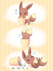 Rule 34 | :o, ?, artist name, commentary request, cup, eevee, flying sweatdrops, gen 1 pokemon, highres, in container, in cup, motion lines, mugita konomi, nintendo, no humans, open mouth, pokemon, pokemon (creature), rock, striped background, yellow background