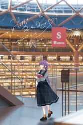 1girl absurdres alternate_costume black_dress black_shoes book braid character_name commentary_request cursive dated dress earrings full_body gim_(gim-gim-3919) green_eyes grey_shirt grid_print happy_birthday highres holding holding_book indoors ishikawa_prefectural_library jewelry library link!_like!_love_live! loafers long_hair long_sleeves love_live! orange_socks otomune_kozue parted_lips photo_background pinafore_dress print_dress purple_hair railing shirt shoes sidelocks single_braid sleeveless sleeveless_dress socks solo v-neck very_long_hair virtual_youtuber walking