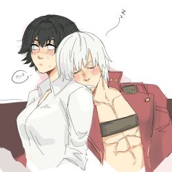 1boy 1girl black_hair blush closed_eyes dante_(devil_may_cry) devil_may_cry devil_may_cry_(series) devil_may_cry_3 green_eyes head_on_another&#039;s_shoulder heterochromia highres jacket jumpoon lady_(devil_may_cry) no_shirt red_eyes red_jacket shirt simple_background sketch sleeping white_background white_hair white_shirt