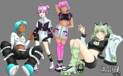 2024 20s 4girls :3 ahoge animal_ears animal_print arm_behind_back arm_behind_head arm_support arm_up arrow_print asnesbo belt black_jacket black_pants black_shirt black_shorts black_skirt black_socks blue_eyes blue_footwear blue_hair blush boots breasts cat_ears cat_girl cat_print clothes_writing collarbone dark_skin dated double_bun dub_(asnesbo) earrings easybreezytv green_eyes green_hair green_socks grey_background grey_belt grey_footwear grey_jacket hai-chu hair_bun headphones heart heart_print highres indie_virtual_youtuber jacket jewelry june kneehighs leg_belt long_hair long_sleeves looking_at_viewer loose_socks m/ medium_breasts midriff multiple_girls navel open_clothes open_jacket open_mouth orange_eyes pants parted_lips pink_hair pink_nails pink_thighhighs print_pants print_shirt purple_eyes purple_hair shirt shoes short_hair short_sleeves shorts sitting skirt smile sneakers socks standing suspender_skirt suspenders teeth thighhighs twintails val_(asnesbo) white_footwear white_shirt white_skirt