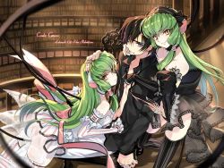 1boy 2girls c.c. chii chii_(cosplay) chobits code_geass collar cosplay creayus detached_sleeves dress dual_persona elda elda_(cosplay) gothic_lolita green_hair jpeg_artifacts lelouch_vi_britannia lolita_fashion long_hair multiple_girls robot_ears smile sweet_lolita thighhighs yellow_eyes