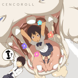 1boy 1girl ? brown_hair cenco cencoroll eiken_(studio) food from_above in_food monster open_mouth red_eyes sazae-san school_uniform slime_(substance) speech_bubble teeth tetsu_(cencoroll) thought_bubble utu_(wakon) vore yuki_(cencoroll)