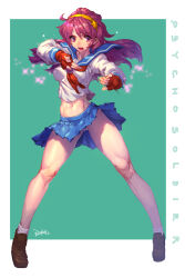 Rule 34 | absurdres, asamiya athena, bad link, blue skirt, fingerless gloves, gloves, hair ornament, hairband, highres, mar10, psycho soldier, purple eyes, purple hair, red gloves, school uniform, serafuku, shirt, skirt, socks, star (symbol), star hair ornament, the king of fighters, the king of fighters xi, white shirt, white socks