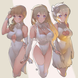 3girls asymmetrical_legwear bandages bare_shoulders bob_cut bow bra_strap breasts cleavage cleavage_cutout closed_mouth clothing_cutout covered_navel cropped_legs detached_sleeves dress elbow_gloves english_text frown gloves gradient_eyes hair_bow hair_over_shoulder hairband halter_dress halterneck hand_up highleg highleg_leotard inverted_bob kneehighs large_breasts leotard long_hair looking_at_viewer low-tied_long_hair medium_breasts multicolored_eyes multiple_girls original panties pelvic_curtain purple_eyes see-through_clothes short_dress short_hair side-by-side side-tie_panties sleeveless sleeveless_dress smile socks thighhighs underboob_cutout underwear uneven_legwear white_bow white_dress white_gloves white_legwear white_leotard white_panties wookyung