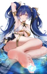 1girl absurdres ahoge arm_up armpits bare_shoulders barefoot between_toes blue_eyes blue_hair blush breasts feet foot_focus foreshortening full_body gold_armlet gold_thighlet gold_trim hair_ornament highres holding_with_feet iuno_(wuthering_waves) knees_together_feet_apart large_breasts long_hair looking_at_viewer parted_lips partially_submerged signature simple_background sitting soles solo suraimuvmv toes twintails underboob very_long_hair water white_background wuthering_waves