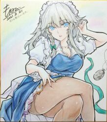 1girl apron blue_dress blue_eyes bow braid breasts brown_pantyhose cleavage commentary_request crossed_legs dated dress green_bow grey_hair hair_bow highres izayoi_sakuya long_hair looking_at_viewer maid maid_headdress monety pantyhose pocket_watch puffy_short_sleeves puffy_sleeves shikishi short_sleeves signature single_braid sitting solo touhou traditional_media waist_apron watch