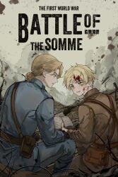 2boys axis_powers_hetalia back belt blonde_hair blood blood_in_hair blood_on_face blue_eyes blue_jacket blue_pants book brown_belt brown_jacket brown_pants cubed_(houkuaid) day english_text facial_hair france_(hetalia) green_eyes highres holding holding_book injury jacket long_sleeves looking_at_another low_ponytail male_focus military_jacket military_uniform multiple_boys open_book open_mouth outdoors pants pocket ponytail short_hair short_ponytail sitting sky smoke trench united_kingdom_(hetalia) white_sky