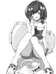 1girl granblue_fantasy greyscale isme medium_hair monochrome sandals shorts sitting v vikala_(granblue_fantasy)