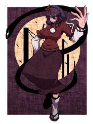 1girl arm_behind_back autumn_leaves black_snake border breasts brown_skirt commentary_request fingernails full_body grin hair_between_eyes hair_ornament hand_up highres kuri_dora large_breasts layered_sleeves leaf leaf_hair_ornament long_bangs long_skirt long_sleeves looking_at_viewer mirror onbashira purple_hair red_eyes red_shirt sandals shaded_face shide shirt short_hair short_over_long_sleeves short_sleeves skirt smile snake socks solo tabi tassel touhou white_border white_socks yasaka_kanako zouri