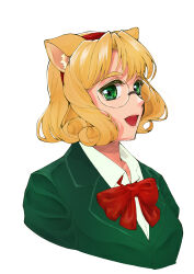1girl :d absurdres blonde_hair fumiko-teraoka green_eyes hairband highres hououji_fuu magic_knight_rayearth open_mouth pale_skin red_hairband round_eyewear school_uniform simple_background smile solo white_background
