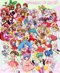 1980s_(style) 1990s_(style) 6+girls ;d absurdres ahoge ai_tenshi_densetsu_wedding_peach akazukin_chacha annotated aqua_hair arm_up armor back_bow bishoujo_senshi_sailor_moon bishoujo_senshi_sailor_moon_supers black_gloves blonde_hair blue_eyes blue_hair blue_sailor_collar blush boots bow breasts brooch broom broom_riding brown_eyes brown_hair buurin buurin_(tonde_buurin) cape cardcaptor_sakura chacha chacha_(akazukin_chacha) chamo_(minky_momo) character_request chibi_usa child cone_hair_bun corrector_yui creamy_mami creature crescent crescent_earrings crossover crystal_carillon double_bun dual_persona earrings elbow_gloves everyone fancy_lala female_focus freckles frills fuuin_no_tsue gera_gera_(persia) gloves green_eyes green_hair hair_bow hair_bun hair_intakes hair_ornament hairband hairpin hana_no_mahoutsukai_mary_bell hanasaki_momoko hanazono_yumi hand_on_own_hip haneoka_meimi harbor_light_story hat hayami_persia heart heart_brooch highres hime-chan_no_ribbon himitsu_no_akko-chan holding holding_wand hood i.r. i.r._(corrector_yui) iggy_pig_(tonde_buurin) jama-p_(wedding_peach) jewelry kabu_(mahou_tsukai_sally) kagami_atsuko kaitou_saint_tail kakimaru_(pastel_yumi) kaleidomoon_scope kasuga_yui kawai_sasami kazuki_mai kero_(cardcaptor_sakura) keshimaru_(pastel_yumi) kinomoto_sakura kinomoto_sakura_(magician) kokubu_karin kukku_bukku_(minky_momo) leaning_forward leotard long_hair magical_emi magical_girl magical_princess mahou_no_angel_sweet_mint mahou_no_idol_pastel_yumi mahou_no_princess_minky_momo mahou_no_star_magical_emi mahou_no_tenshi_creamy_mami mahou_no_yousei_persia mahou_shoujo_pretty_sammy mahou_tsukai_sally mary_bell mary_janes masaki_sasami_jurai matsunaga_mikage matsunaga_tomomi meso_meso_(persia) microphone miho_(harbor_light_story) mikiky minky_momo mint_(sweet_mint) miracle_girls mocha_(minky_momo) mogu_(fancy_lala) mogu_(harbor_light_story) morisawa_yuu moriya_ririka multiple_crossover multiple_girls necklace nega_(creamy_mami) nonohara_himeko nurse_angel nurse_angel_ririka_sos oldschool one_eye_closed open_mouth pantyhose pauldrons persia persia_(mahou_no_yousei_persia) pig pigu_(fancy_lala) pigu_(harbor_light_story) pink_bow pink_eyes pink_hair pink_hat pink_leotard pink_sailor_collar pink_shirt pink_skirt pink_vest pipiru_(minky_momo) pokota pokota_(hime-chan_no_ribbon) ponytail posi_(creamy_mami) pretty_sammy pretty_sammy_(character) puri_puri_(persia) purple_hair purple_legwear red_bow red_hair red_skirt retro_artstyle ribbon riiya riiya_(akazukin_chacha) ruby_(kaitou_saint_tail) rupipi_(minky_momo) ryouko_(tenchi_muyou!) sailor_chibi_moon sailor_collar sailor_moon sailor_senshi sailor_senshi_uniform saint_tail shindobukku_(minky_momo) shinohara_miho shirt shoes short_hair short_twintails shoulder_armor shueisha siblings simba_(persia) sisters skirt sleeves_rolled_up smile socks star_(symbol) star_earrings super_sailor_chibi_moon super_sailor_moon tambourine_(mary_bell) tenchi_muyou! tiara timon_(yadamon) toei_animation tonde_buurin top_hat topo_(magical_emi) tsukino_usagi twins twintails very_long_hair very_short_hair vest waffle_(sweet_mint) wand wedding_peach white_gloves wing_brooch wink yadamon yadamon_(character) yellow_bow yumeno_sally