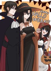 Rule 34 | 1boy, 2girls, bare shoulders, black cape, black eyes, black hair, black pants, black shirt, blue eyes, blush, breasts, candy, cape, closed eyes, collarbone, family, fang, father and daughter, food, glasses, halloween bucket, halloween costume, happy halloween, hat, highres, husband and wife, kara no kyoukai, kokutou mikiya, long hair, medium breasts, mother and daughter, multiple girls, one eye closed, pants, red hood, ryougi mana, ryougi shiki, shintyoi2, shirt, signature, witch hat