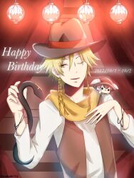 1boy alicein_mikuni blonde_hair braid cowboy_hat doll doubt_doubt doubt_doubt_(snake_form) happy_birthday hat male_focus mokafe712 one_eye_closed orange_eyes scarf servamp short_hair side_braid snake yellow_scarf