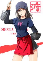 Rule 34 | 1girl, alternate costume, alternate headwear, apron, baseball cap, black shirt, blue hat, blue shirt, bowl, brown eyes, brown hair, closed mouth, commentary, girls und panzer, grey skirt, hat, highres, holding, holding bowl, ladle, layered sleeves, long hair, long sleeves, looking at viewer, mika (girls und panzer), miniskirt, omachi (slabco), one eye closed, pleated skirt, print shirt, red apron, shirt, short over long sleeves, short sleeves, skirt, smile, solo, standing, text background, waist apron, white background