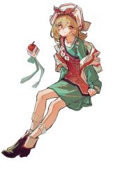apple apple_(reverse:1999) aqua_shirt banner bicorne blonde_hair bow bow_hairband brown_footwear facial_mark fold-over_boots food fruit hairband hat highres holding_banner invisible_chair junjungua long_sleeves looking_at_viewer orange_eyes red_bow red_hairband red_vest regulus_(reverse:1999) regulus_(the_fierce_fan)_(reverse:1999) reverse:1999 shirt short_hair sitting smile socks star_(symbol) star_facial_mark vest white_hat white_socks