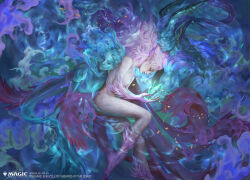1boy 2girls claws closed_eyes colored_skin copyright_name copyright_notice crystal father_and_daughter final_fantasy final_fantasy_vi highres horns hug madeline_(ff6) maduin_(ff6) magic:_the_gathering mother_and_daughter multiple_girls official_art pink_hair pink_skin pointy_ears solan tina_branford trance_terra_branford
